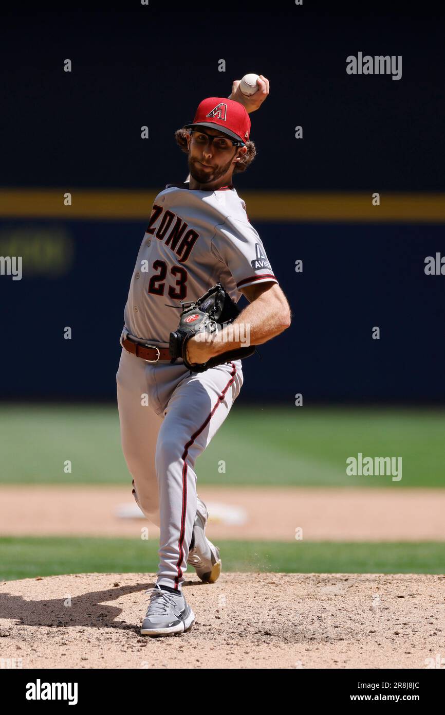 MILWAUKEE, WI - JUNE 21: Arizona Diamondbacks center fielder Alek Thomas  (5) bats during an MLB game against the Milwaukee Brewers on June 21, 2023  at American Family Field in Milwaukee, Wisconsin. (