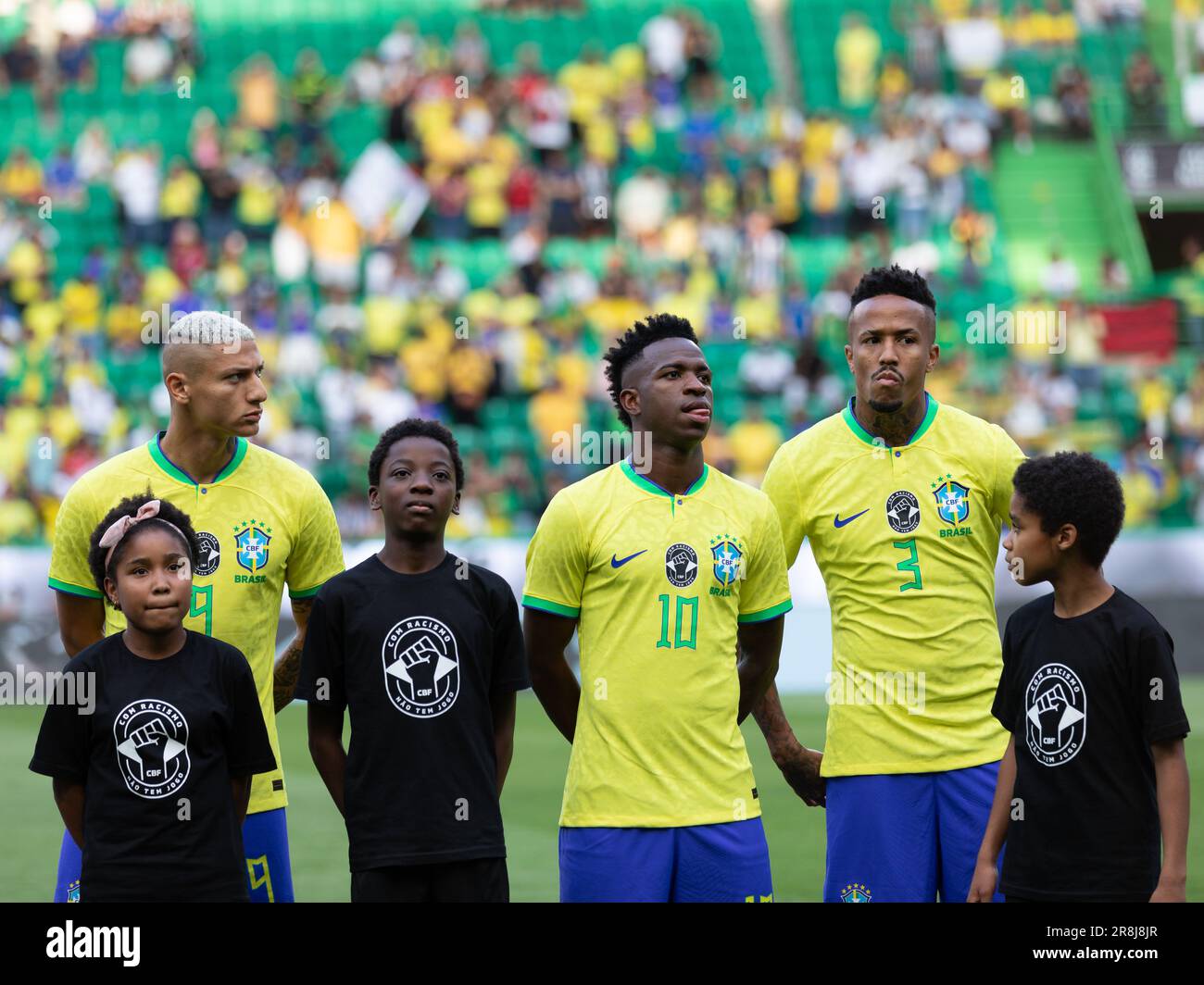 June 20, 2023. Lisbon, Portugal. Brazil and Tottenham forward Richarlison (9), Brazil and Real Madrid's forward Vinicius Junior (10) and Brazil and Real Madrid's defender Eder Militao (3) in action during the international friendly game between Brazil vs Senegal Credit: Alexandre de Sousa/Alamy Live News Stock Photo