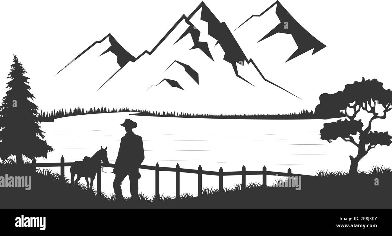 Horse man silhouette in mountain landscape background. Stock Vector
