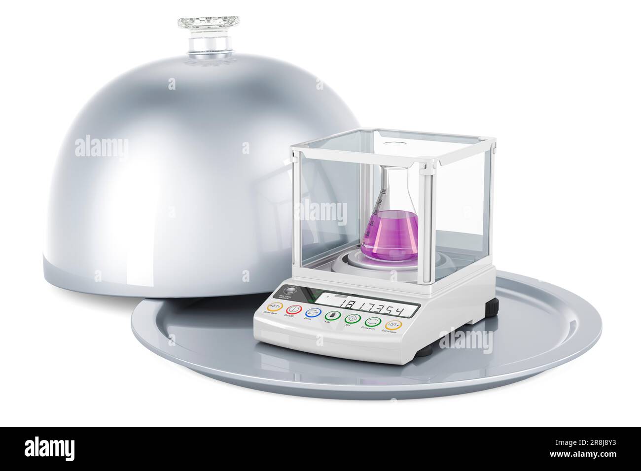 Restaurant cloche with Analytical Balance, Digital Lab Scale. 3D rendering isolated on white background Stock Photo