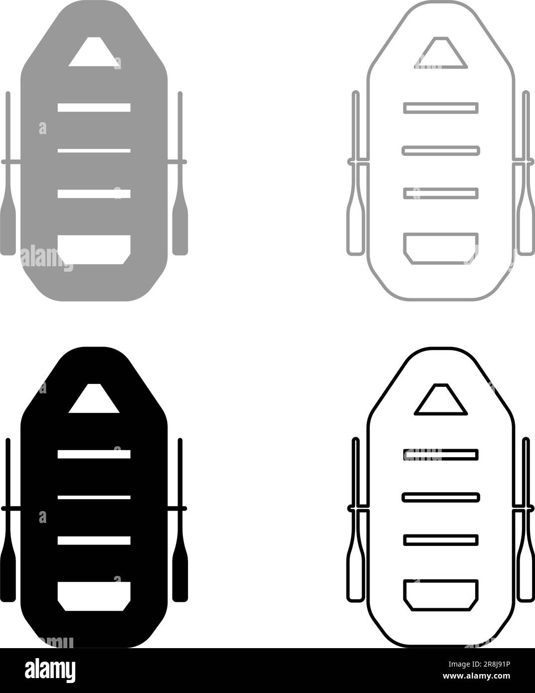 Inflatable boat with paddles oars water travel sport river ship leisure summer time concept set icon grey black color vector illustration image Stock Vector