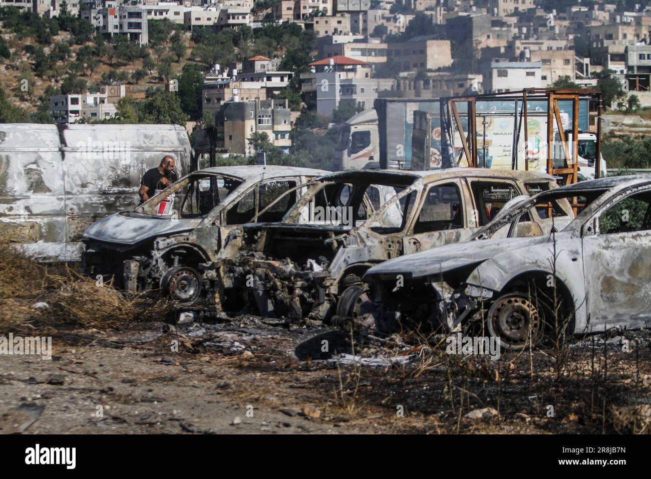 Al Laban Al Sharkiyeh, Palestine. 21st June, 2023. View of burnt cars ...