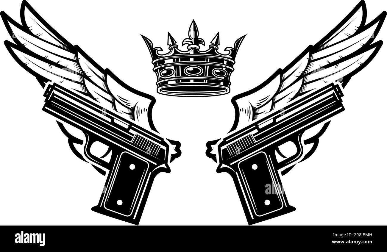 Two guns and wings with king crown. Design element for logo, label