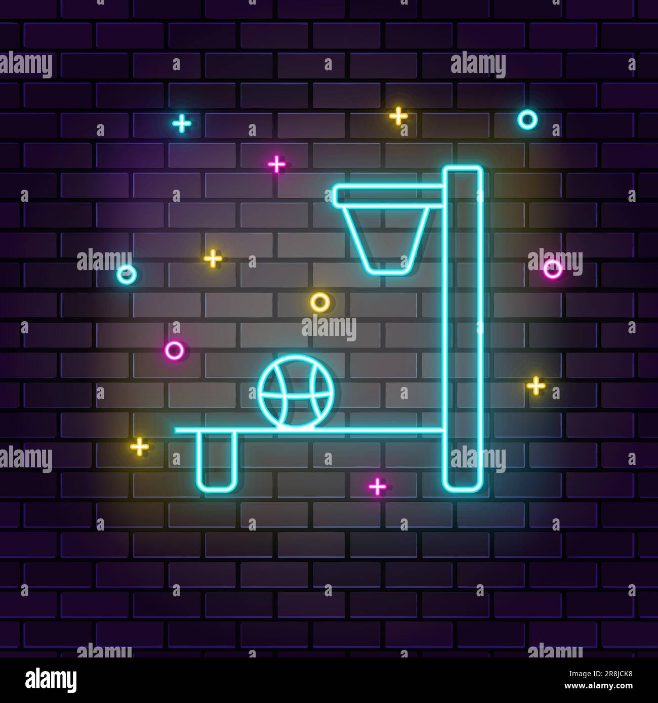 Basketball arcade electronic neon on wall. Dark background brick wall