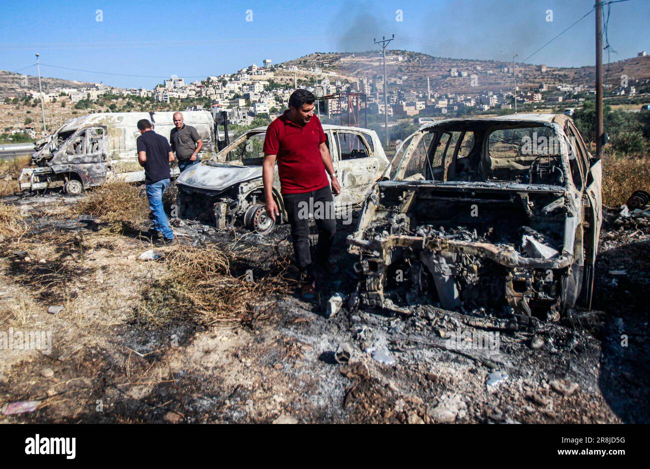 Al Laban Al Sharkiyeh, Palestine. 21st June, 2023. Palestinians inspect ...