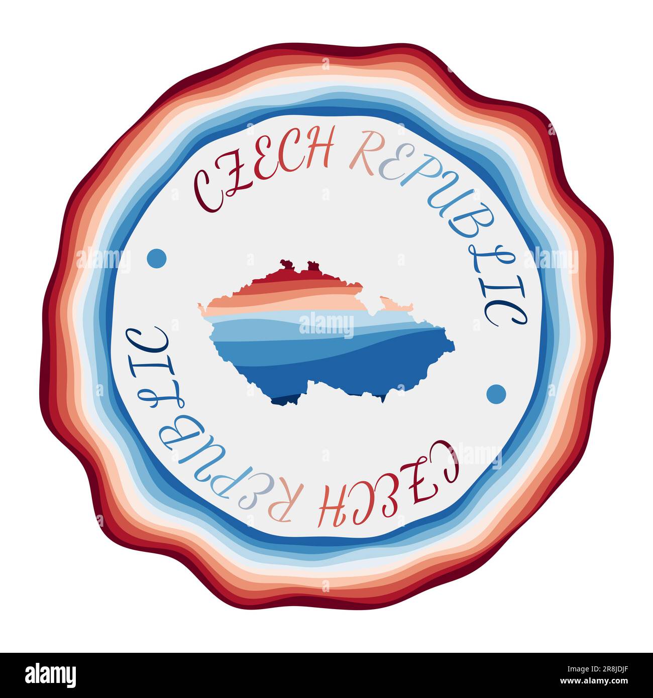 Czech Republic badge. Map of the country with beautiful geometric waves and vibrant red blue frame. Vivid round Czech Republic logo. Vector illustrati Stock Vector