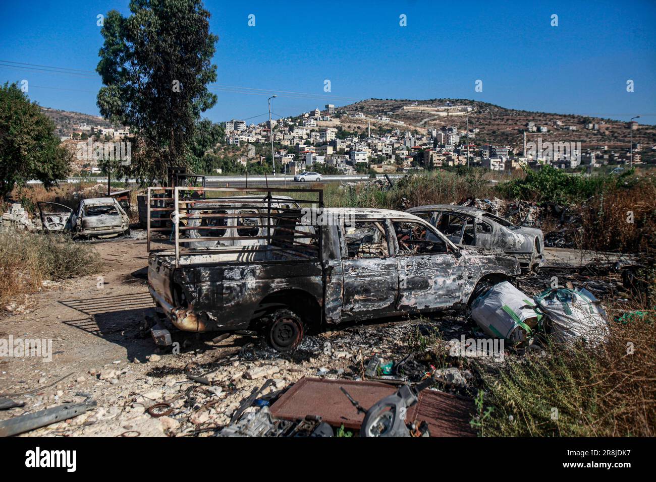 Al Laban Al Sharkiyeh, Palestine. 21st June, 2023. View of burnt cars ...