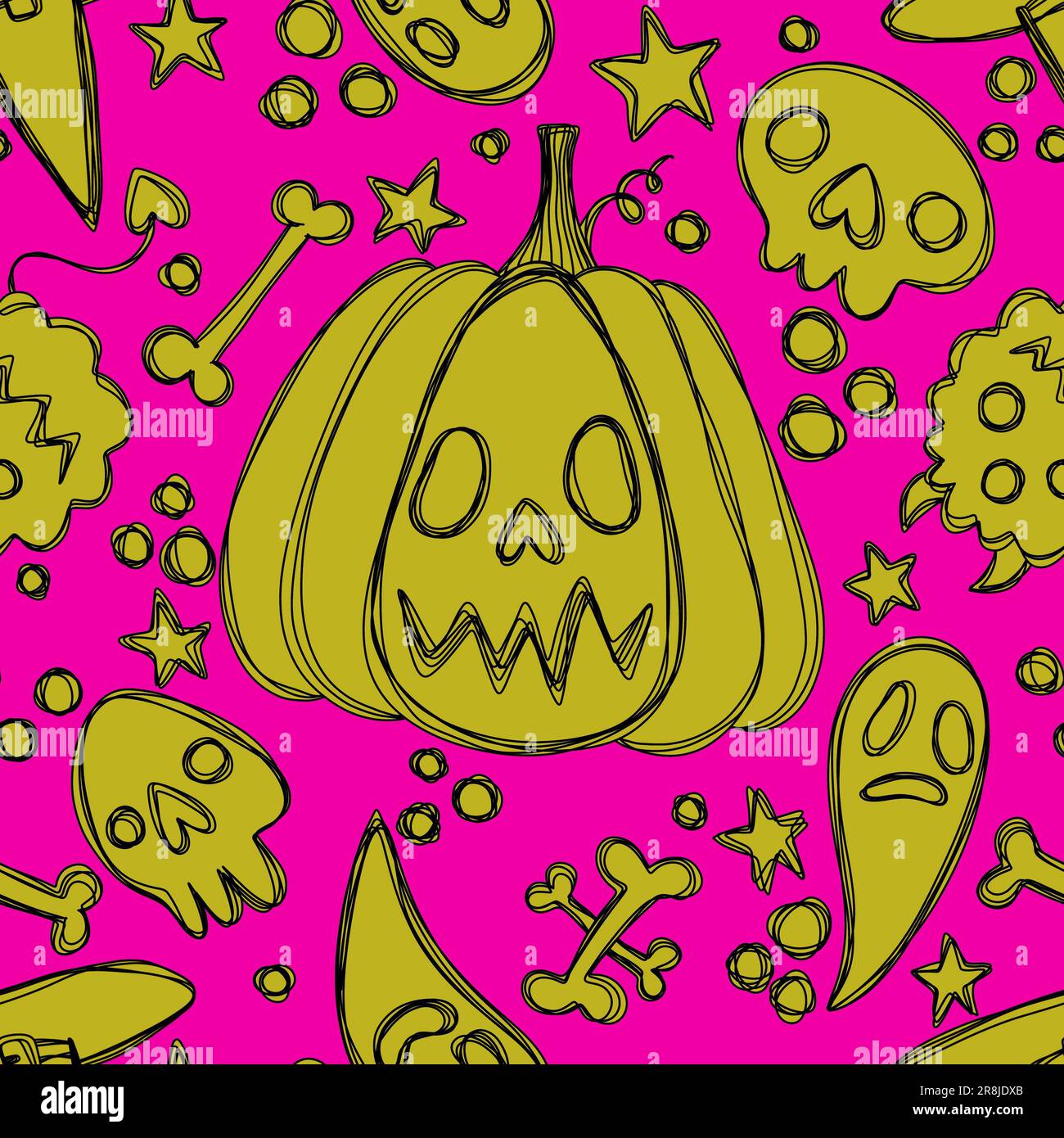 Halloween cartoon seamless pumpkins and witch hat and ghost and bones ...