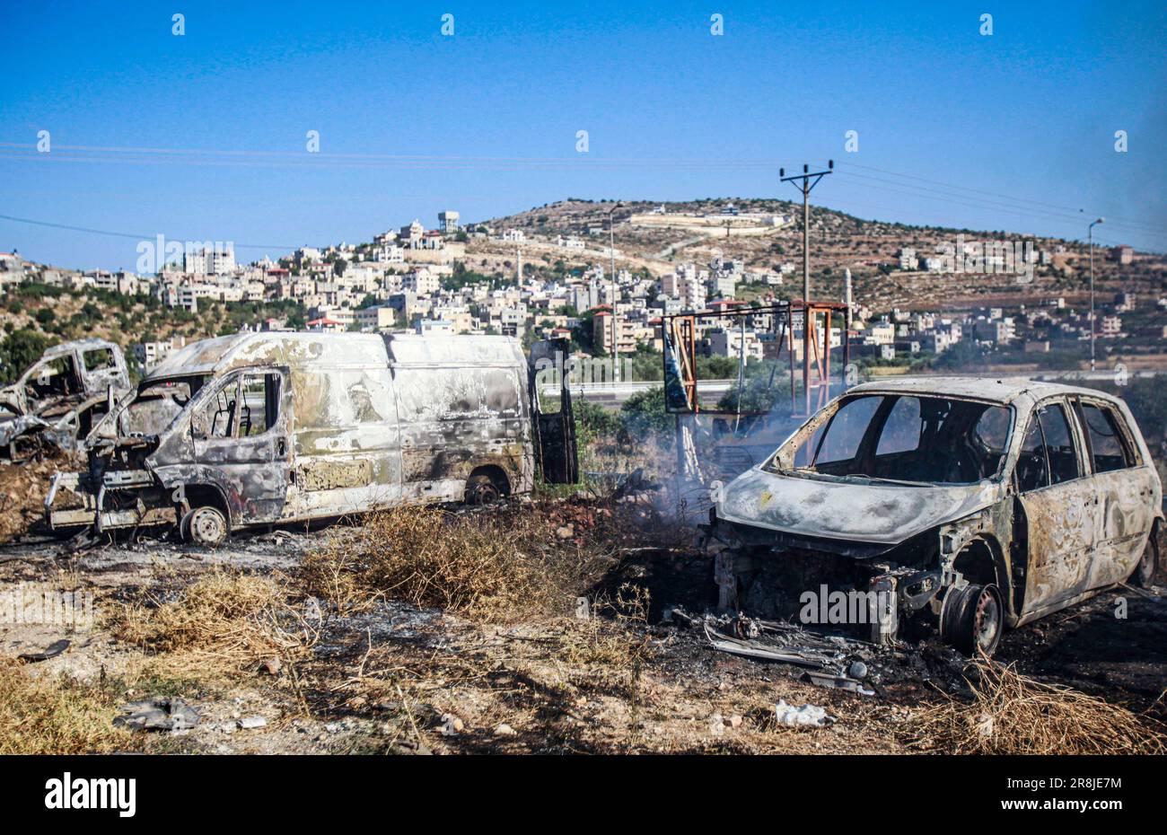 Al Laban Al Sharkiyeh, Palestine. 21st June, 2023. View of burnt cars ...