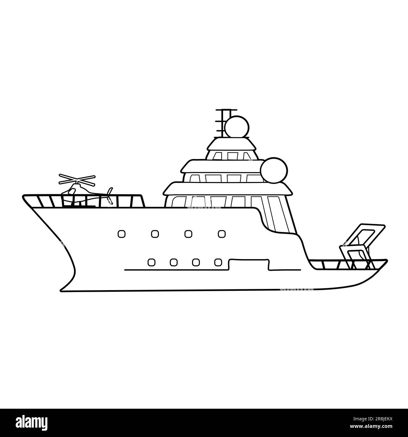 Black white research vessel for sea exploration, expedition ship with helicopter illustration. Can be used for coloring book Stock Vector