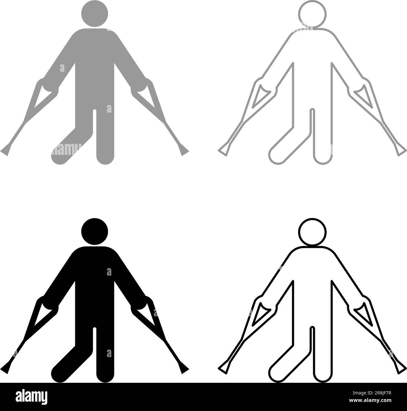 Man with crutchs crutches broken leg in cast gypsum bone injury fracture set icon grey black color vector illustration image simple solid fill Stock Vector