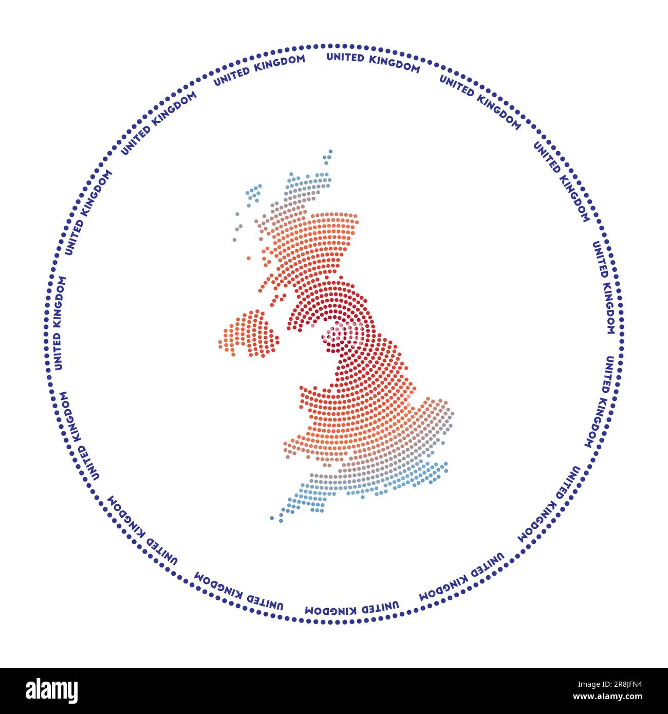 United Kingdom round logo. Digital style shape of United Kingdom in dotted circle with country name. Tech icon of the country with gradiented dots. Po Stock Vector