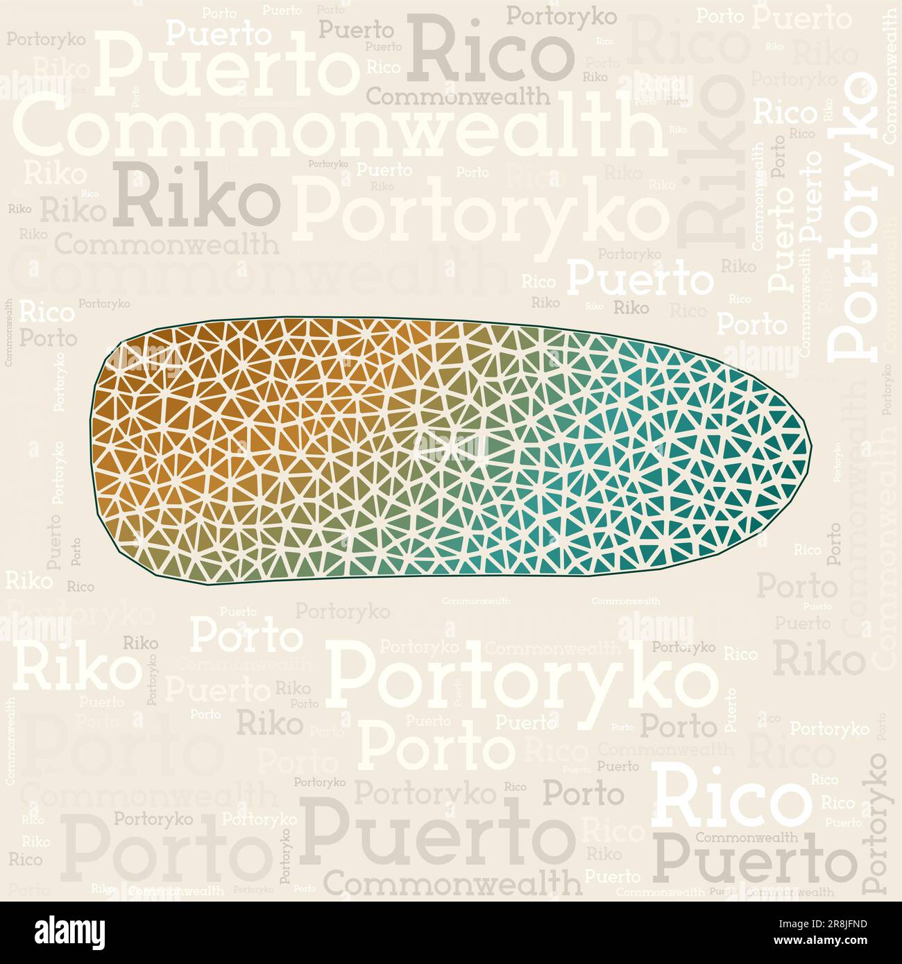 Puerto Rico map design. Country names in different languages and map shape with geometric low poly triangles. Stock Vector