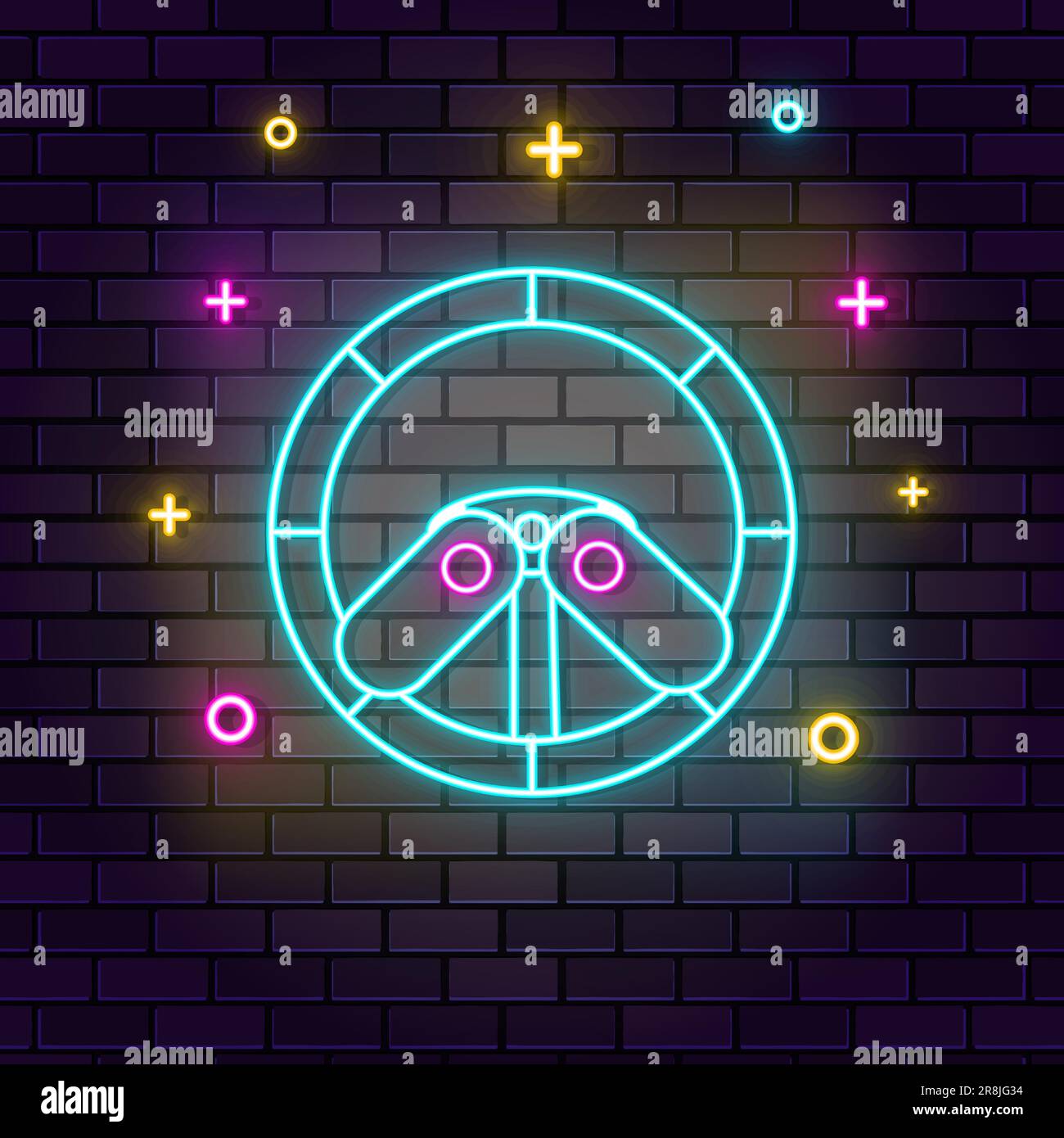 Racing game driving wheel neon on wall. Dark background brick wall neon