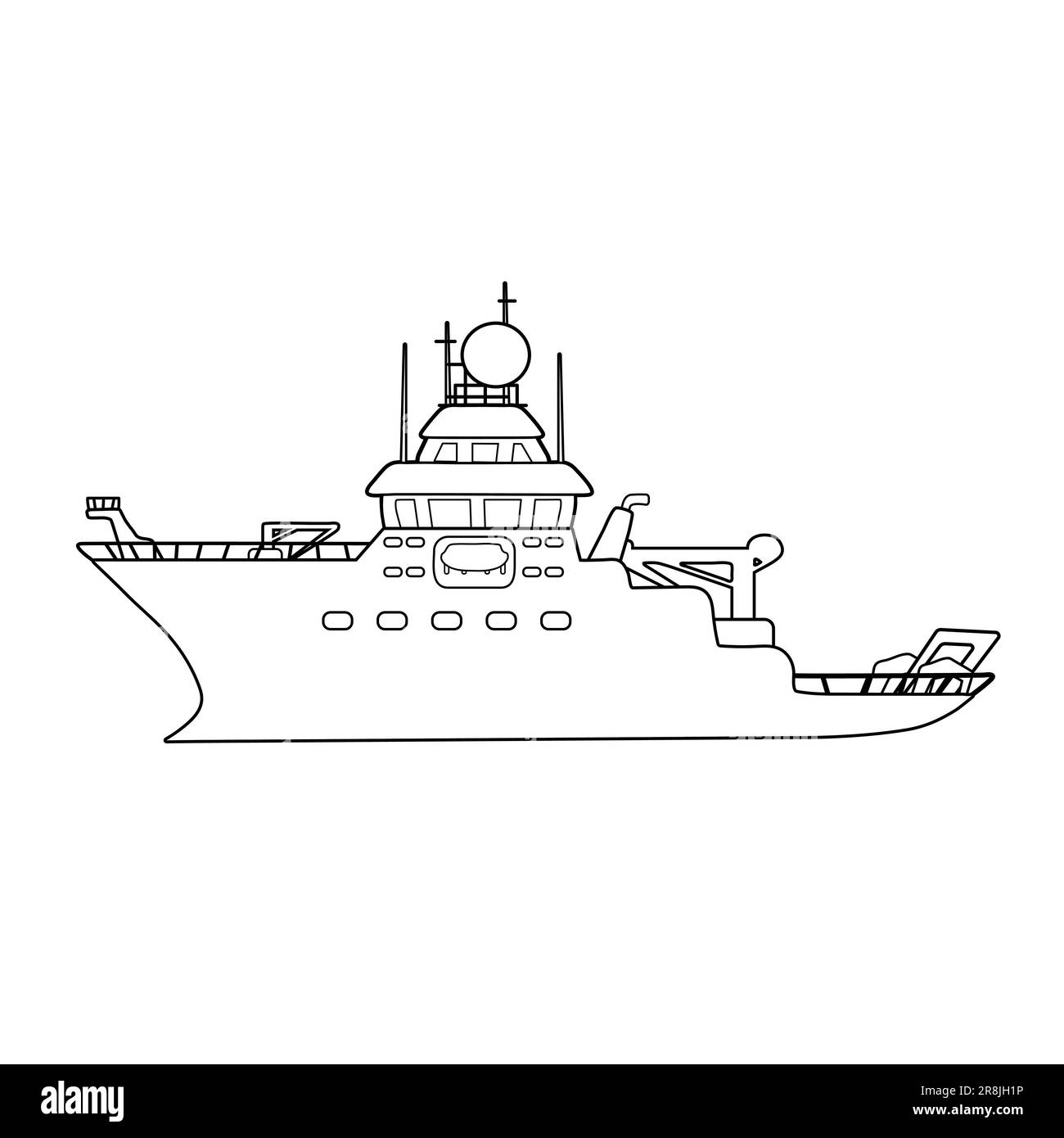 Black-white linear outline research vessel illustration for coloring book, vector hand drawn isolated drawing, deep sea expedition ship on white Stock Vector