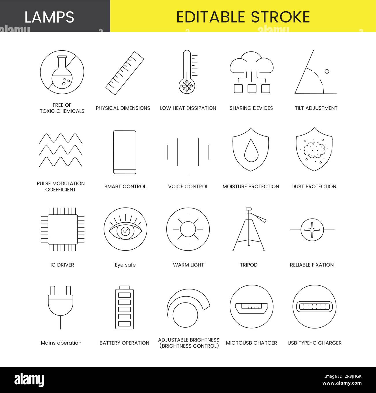 Set of line icons in vector for lamp packaging, illustration of technical specifications, low heat dissipation, physical dimensions and free of toxic Stock Vector