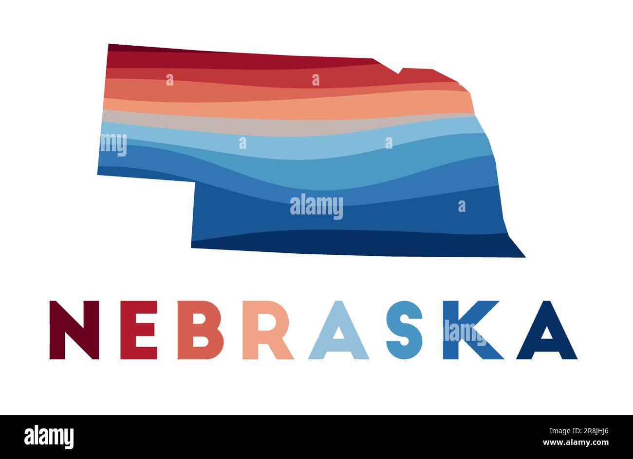 Nebraska map. Map of the us state with beautiful geometric waves in red blue colors. Vivid Nebraska shape. Vector illustration. Stock Vector