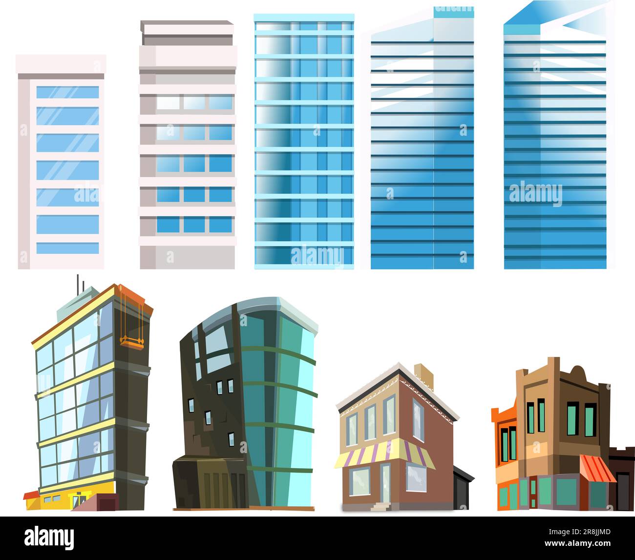A set of colorful residential and office building cartoon illustrations set against a white background Stock Photo