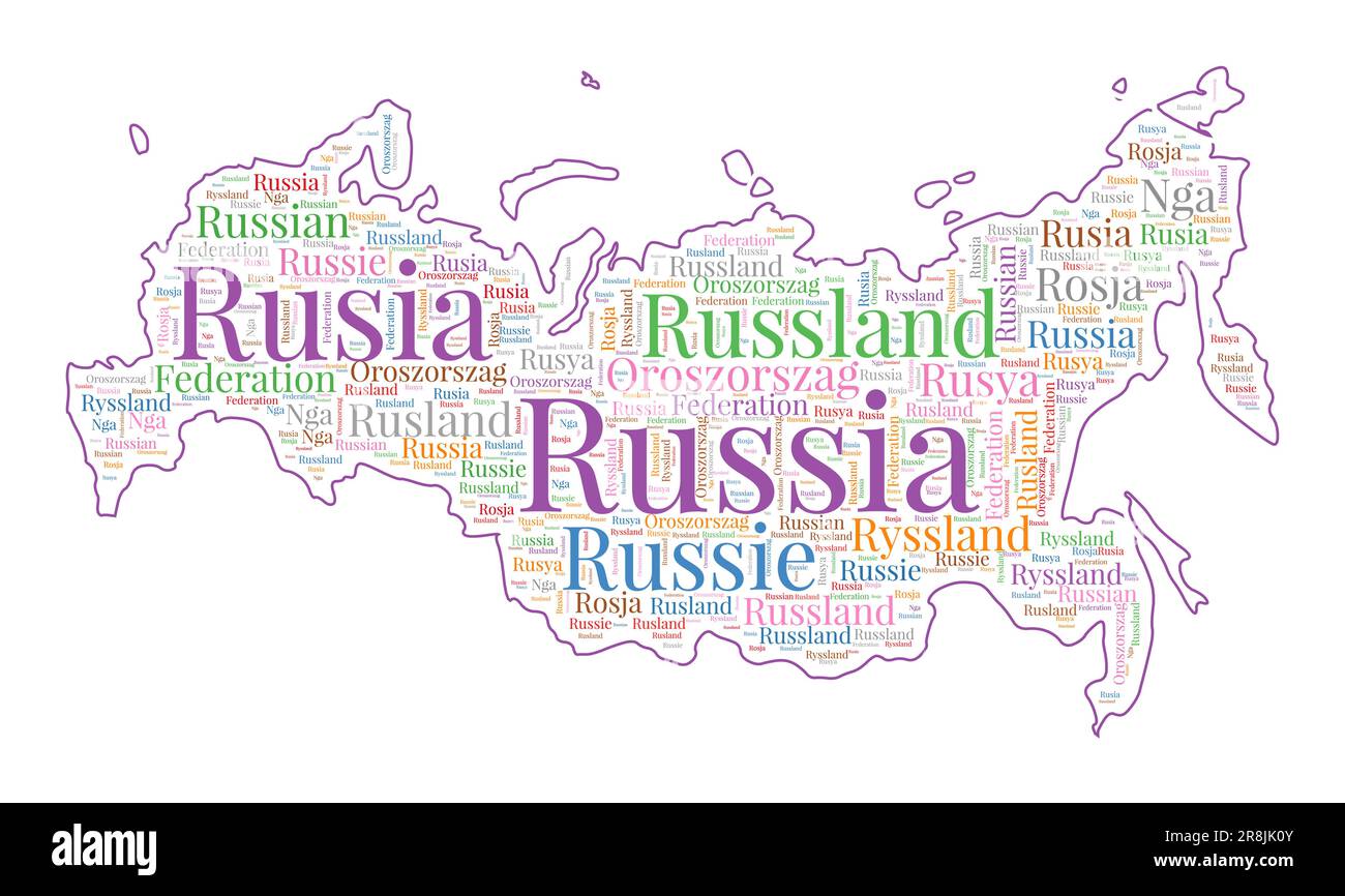 Russia shape filled with country name in many languages. Russia map in word cloud style. Superb vector illustration. Stock Vector