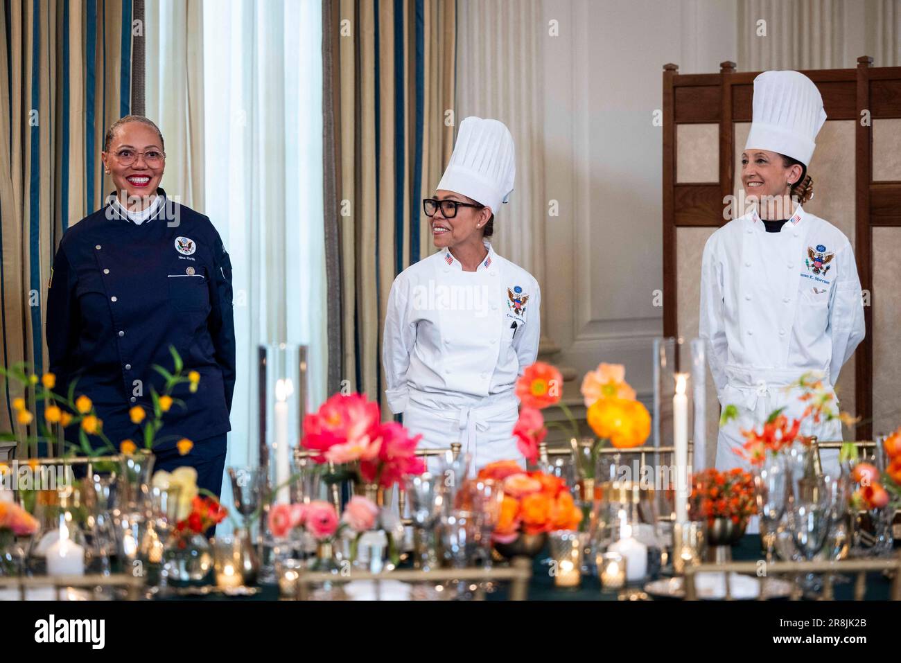 Washington, United States. 21st June, 2023. Guest Chef Nina Curtis (L), White House Executive