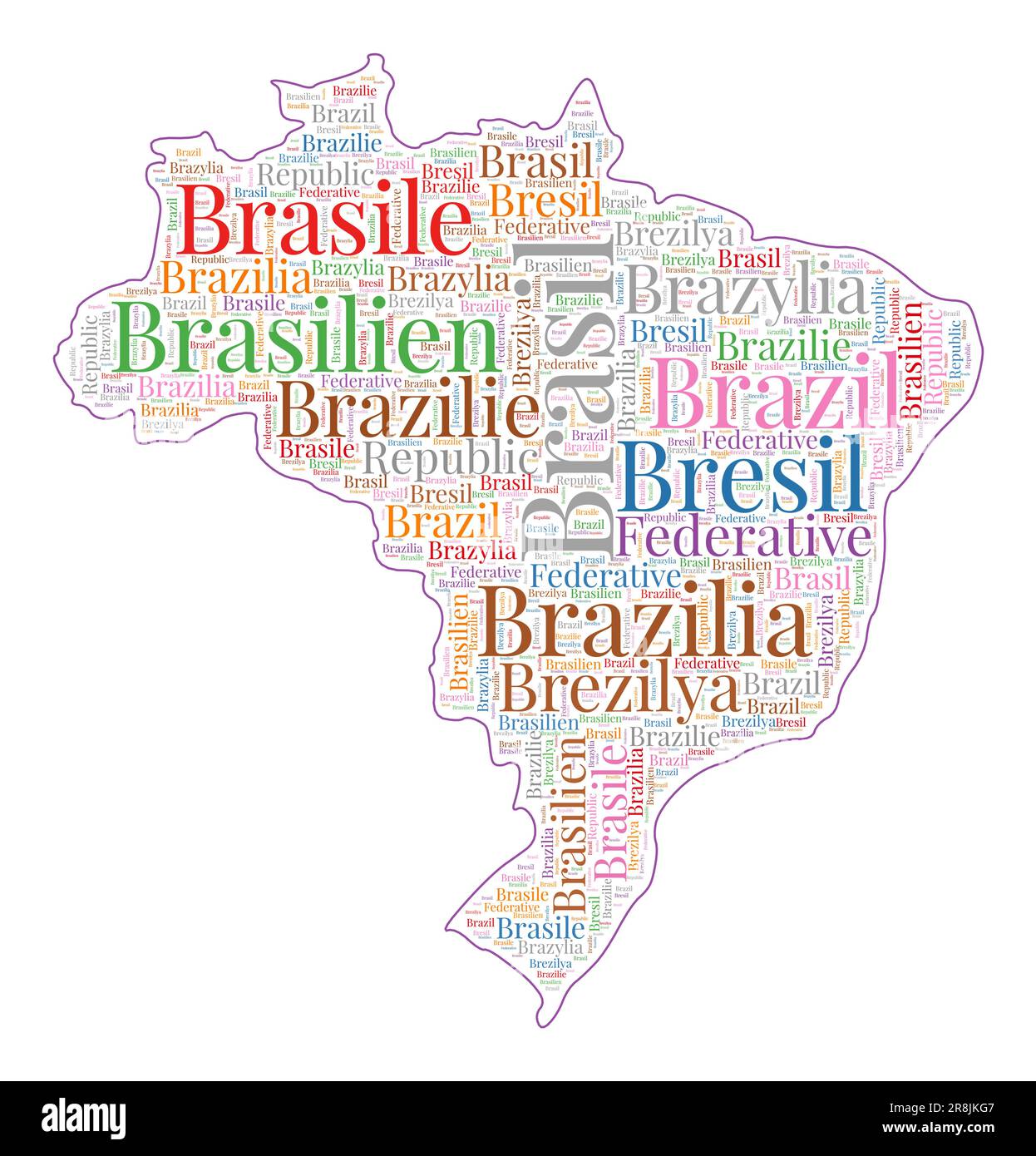 Brazil shape filled with country name in many languages. Brazil map in  wordcloud style. Amazing vector illustration Stock Vector Image & Art -  Alamy