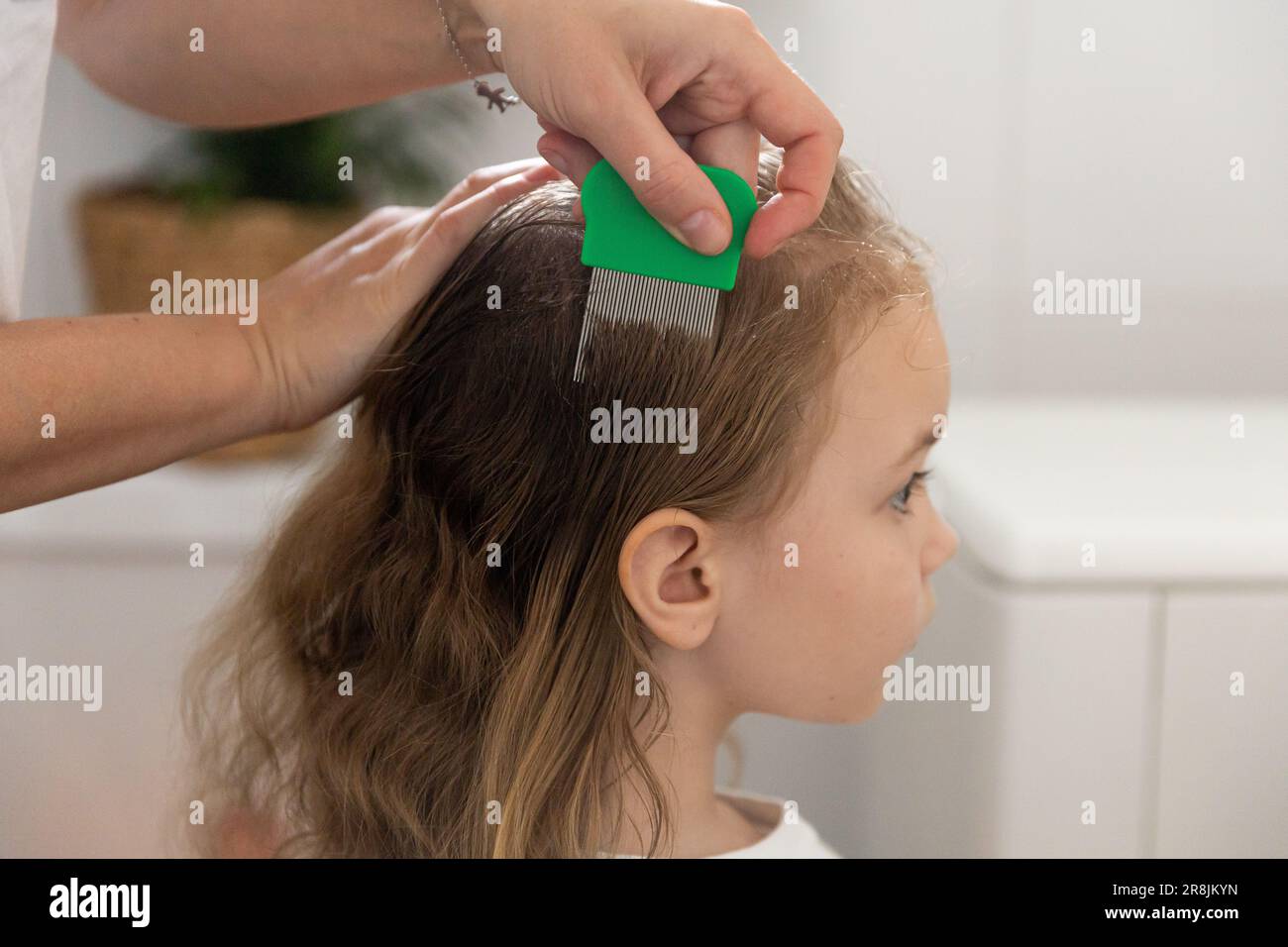 A woman helps to get rid of lice and parasites on the head of a little