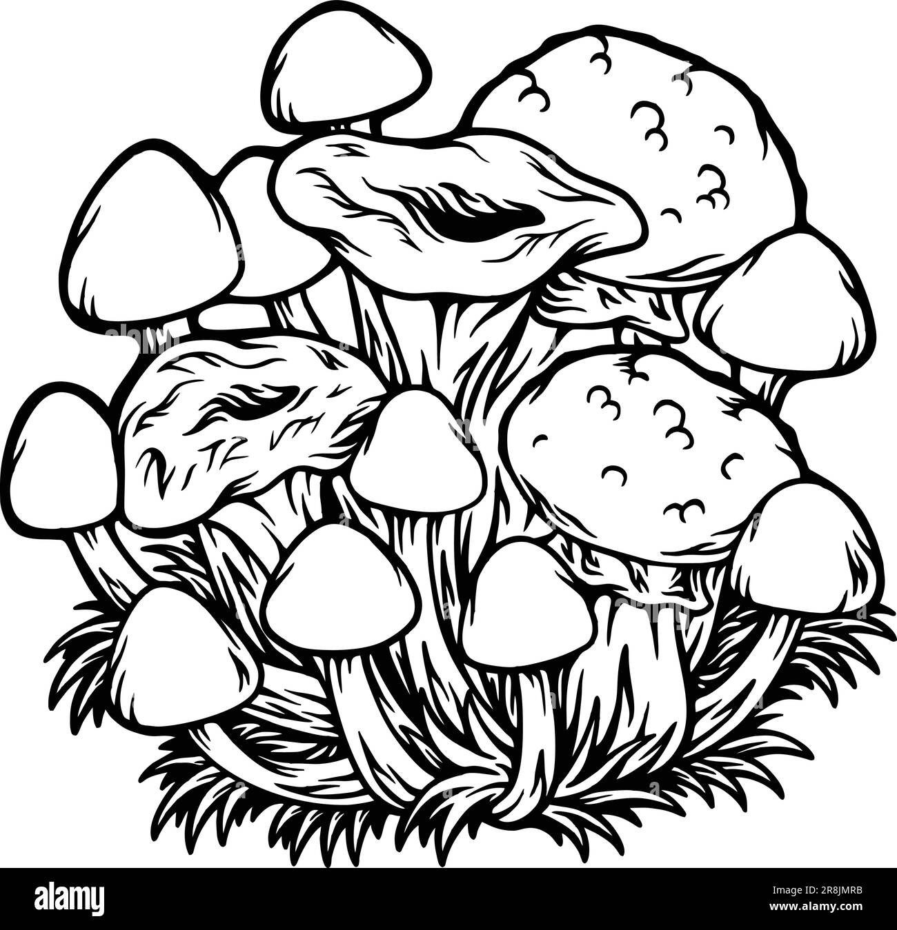 Psychedelic harvest trippy mushroom botanical garden delights monochrome vector illustrations for your work logo, merchandise t-shirt, stickers and la Stock Vector