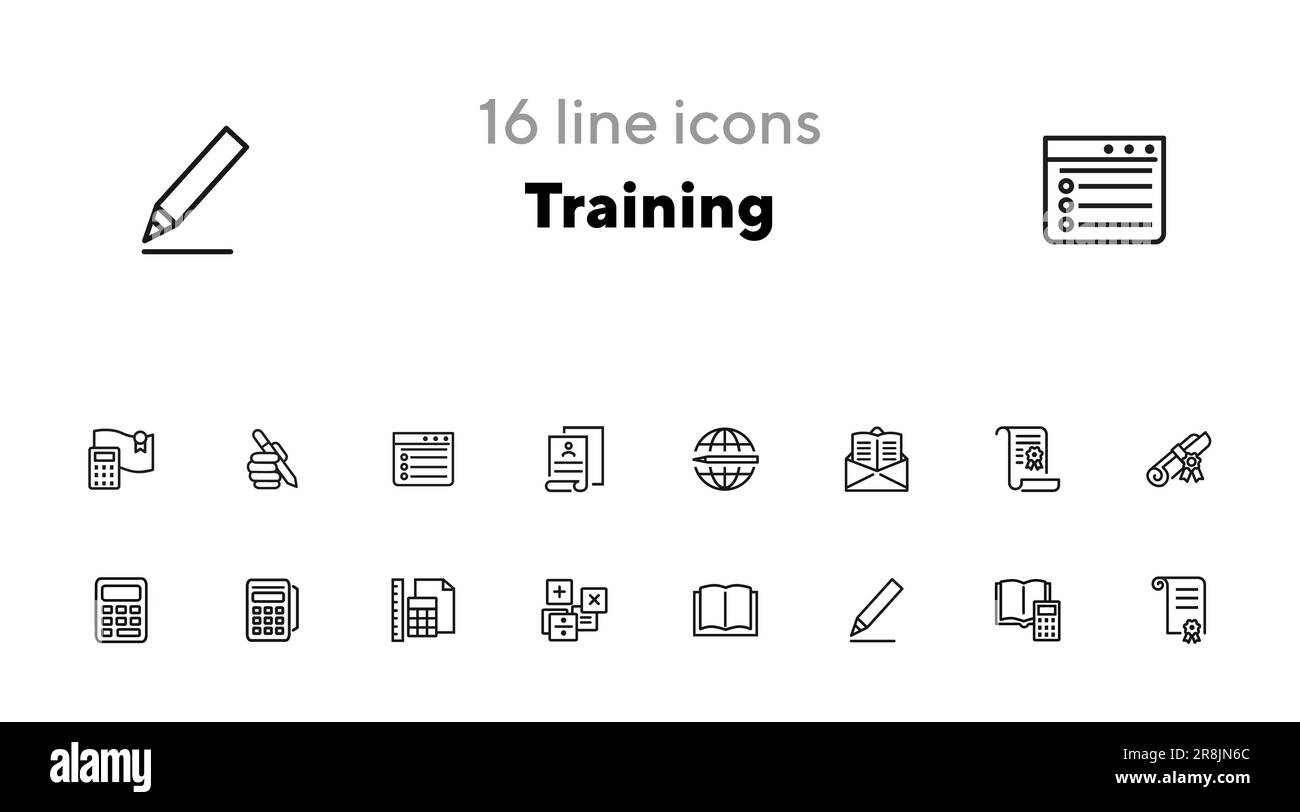 Training line icon set. Calculator, tutorial, diploma, certificate. Education concept. Can be