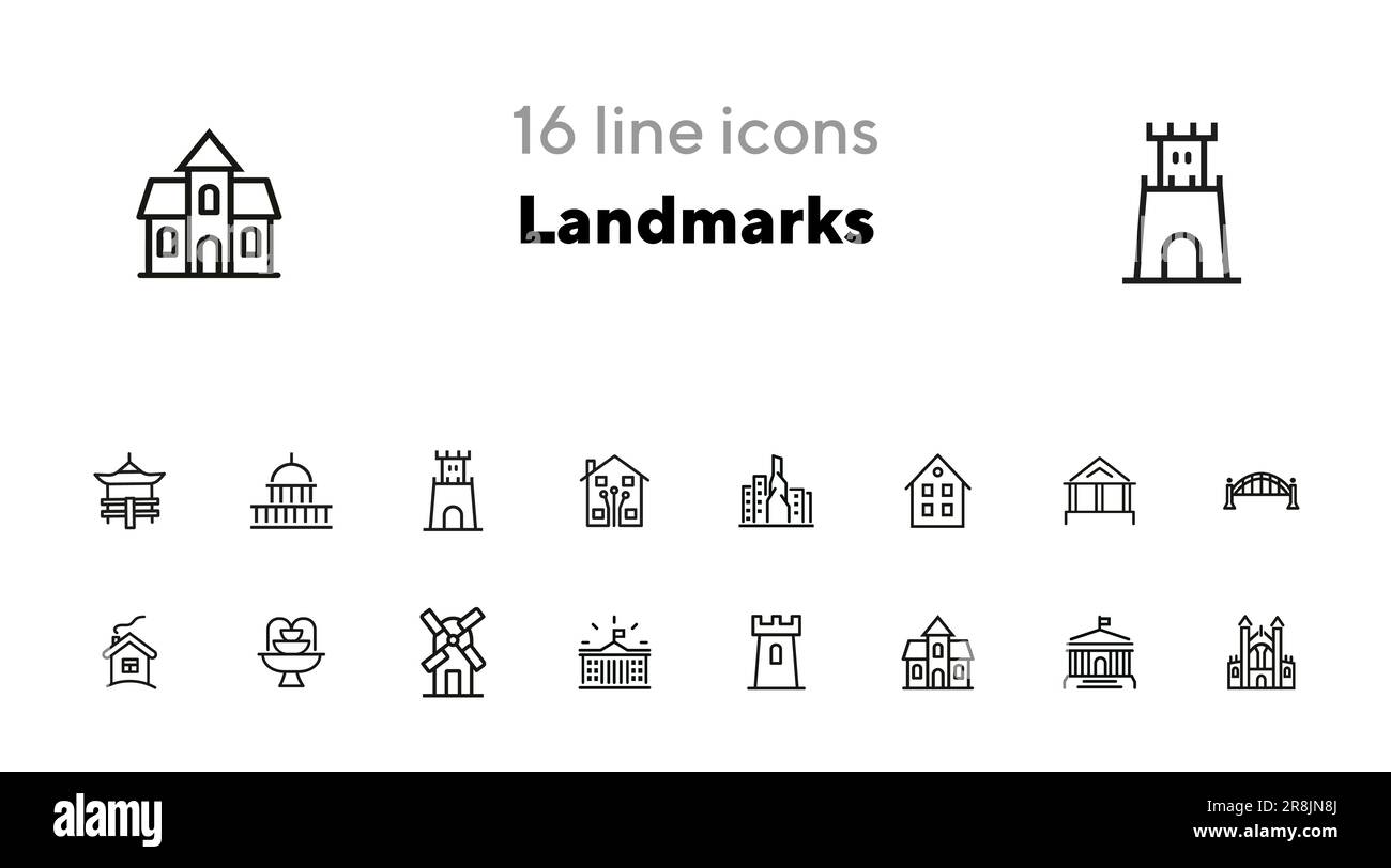 Landmarks line icon set. House, bridge, mill Stock Vector