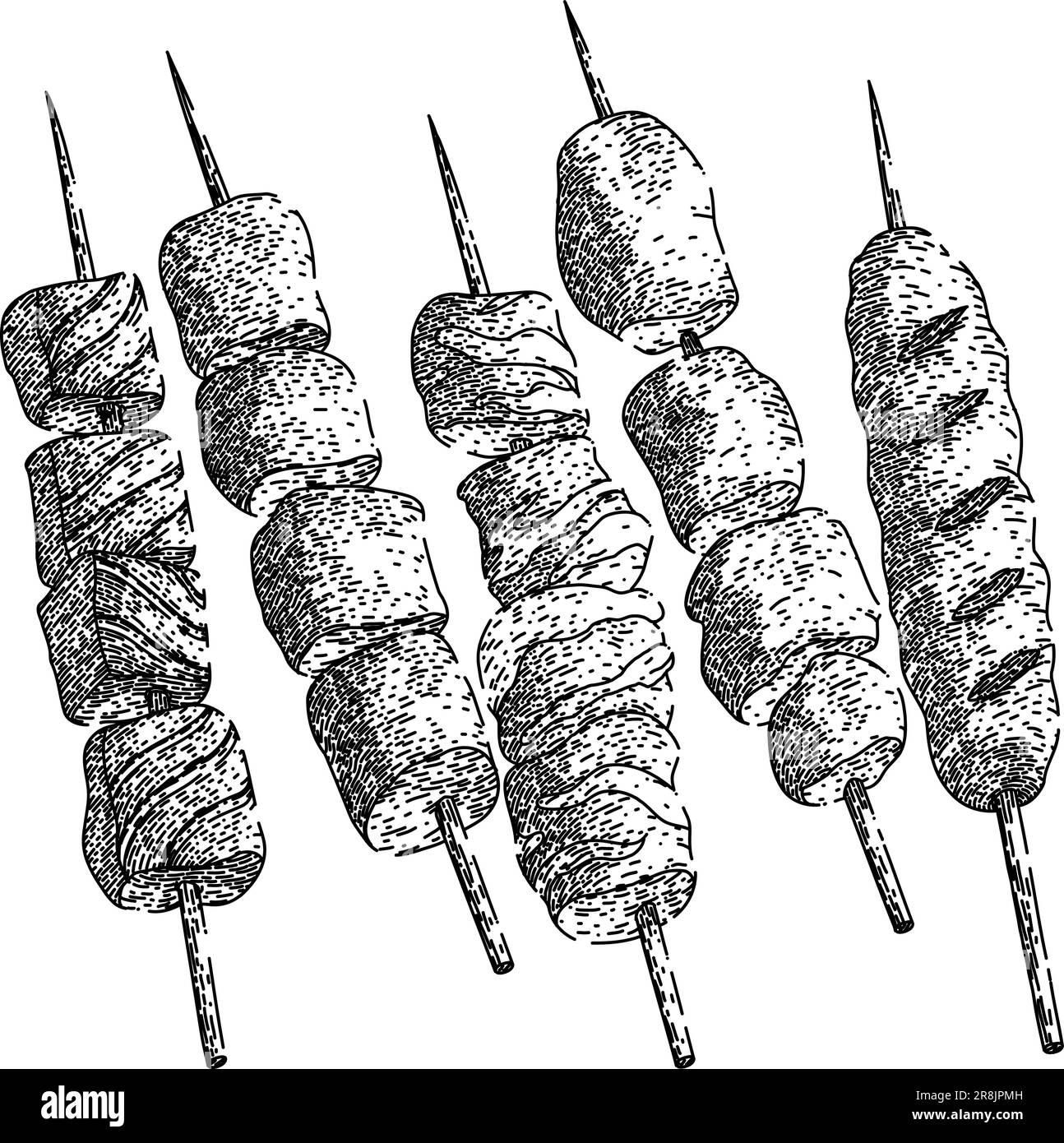 skewered food set hand drawn. meat meal, grill kebab, stick menu