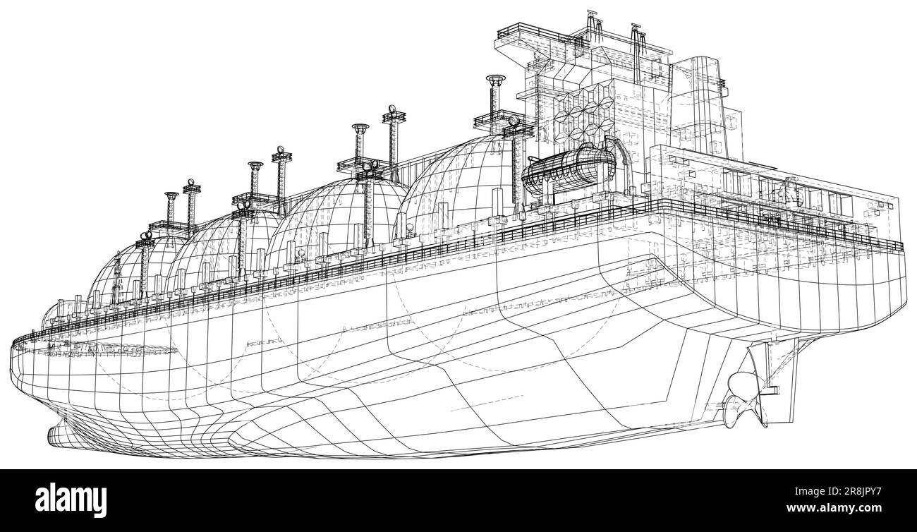 Large gas tanker or LNG carrier. Vector rendering of 3d. Wire-frame style. The layers of visible and invisible lines are separated Stock Vector