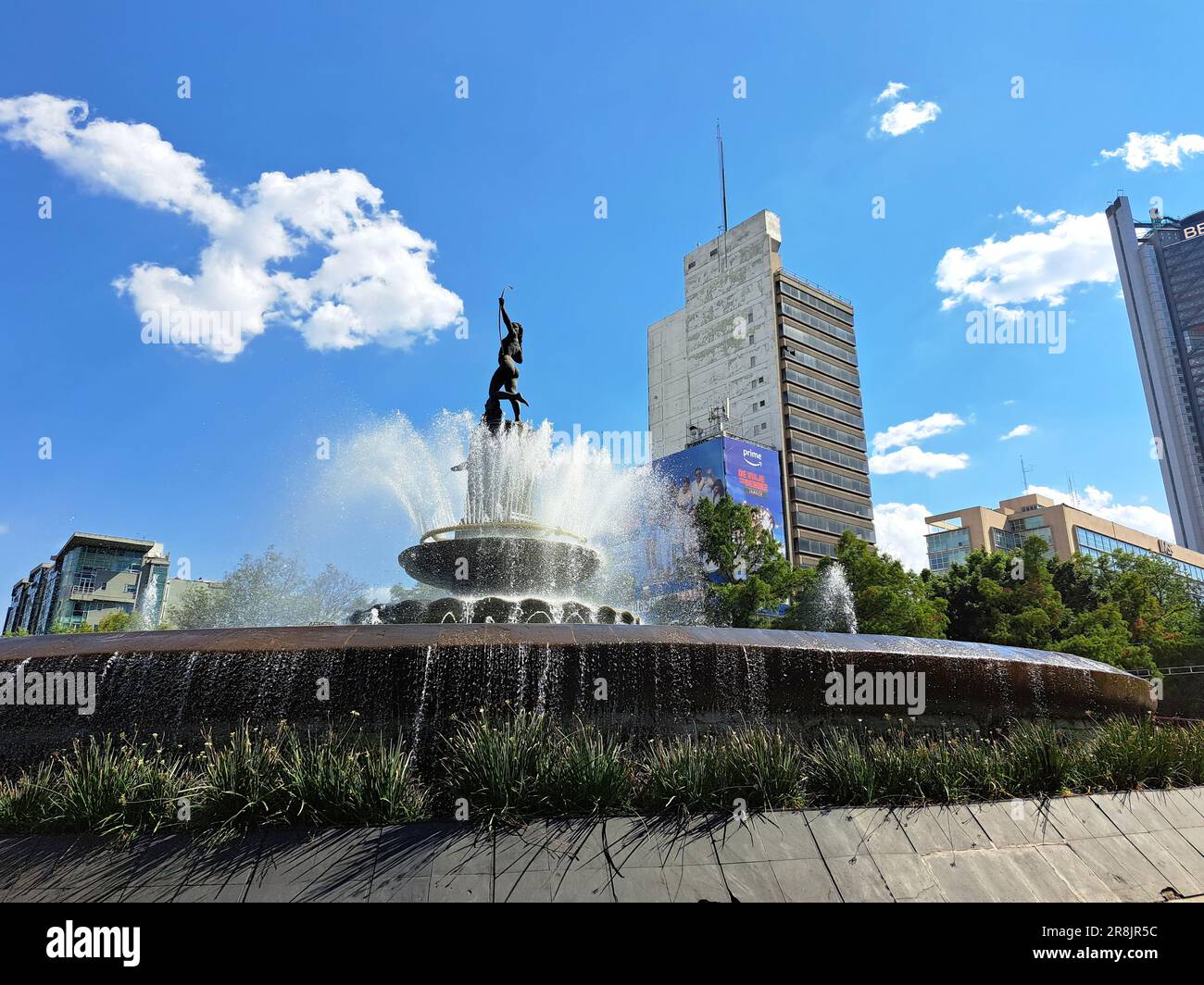 Mexico City, Mexico - Apr 23 2023: The Diana the Huntress Fountain is one of the most representative sculptures of the Paseo de la Reforma Stock Photo