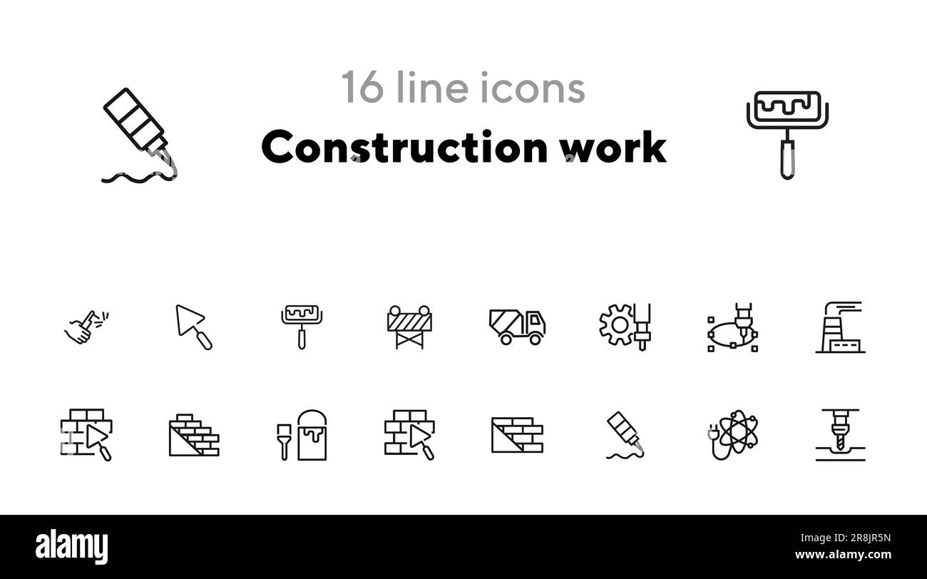 Construction work line icon set. Building brick Stock Vector Image