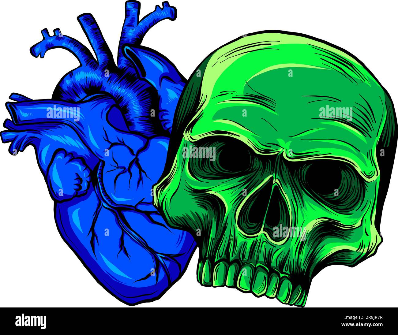 human skull with heart vector illustration design digital hand draw Stock Vector