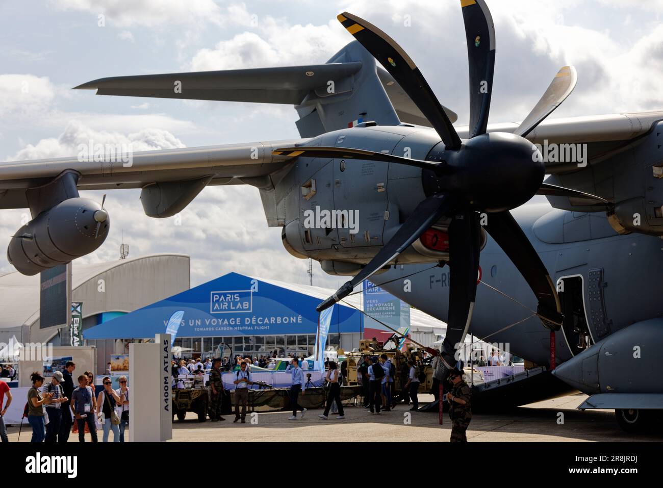 Paris-Le Bourget, France. 21st June, 2023. Airbus A400M Atlas display at the 54th International Paris Air Show, France. Opening of the 54th edition of the International Aeronautics and Space Show from June 19 to 25, 2023 in Paris-Le Bourget, France. Credit: Bernard Menigault/Alamy Live News Stock Photo