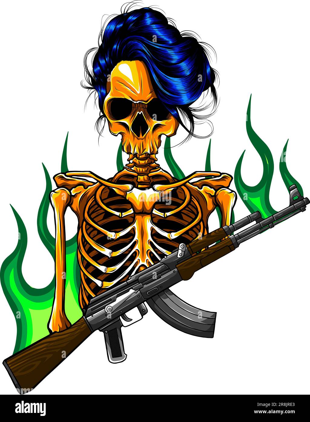 woman Skeleton holding assault rifle with flames vector illustration design on white background Stock Vector