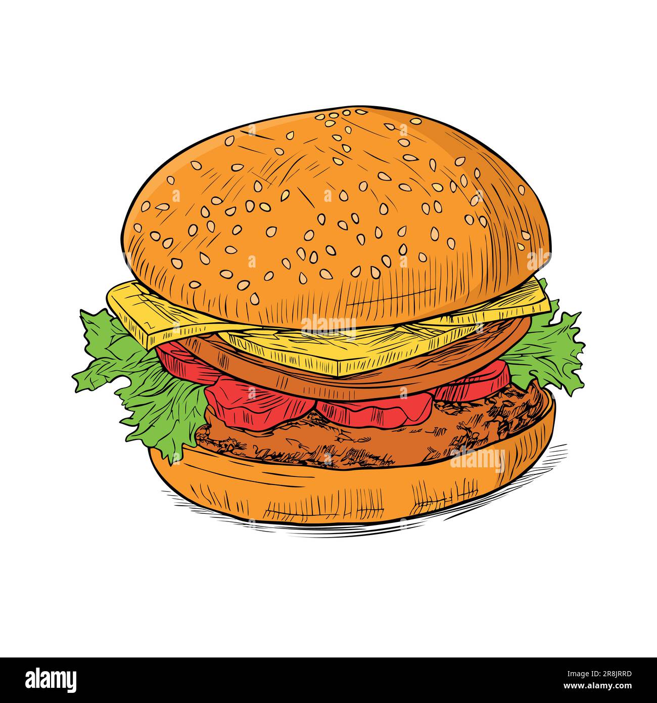 Cartoon Burger With Lettuce,Tomato And Cheese. Vector Hand Drawn  Illustration Stock Vector Image & Art - Alamy