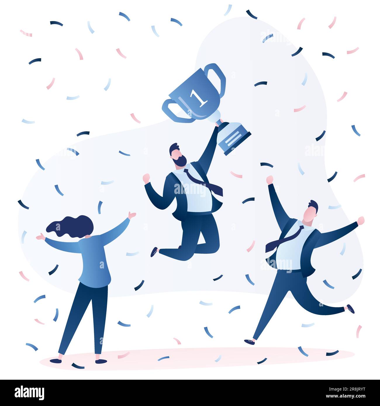 Successful teamwork business victory banner.Business people celebrating with winner cup. Reward productive efficient work. Financial advancement inves Stock Vector