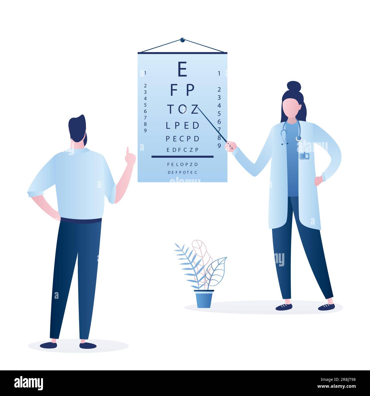 Doctor optometrist checks vision in a male patient. Eye test chart. Vision test. Optical exam. Healthy sigh. Medical care concept. Female ophthalmolog Stock Vector
