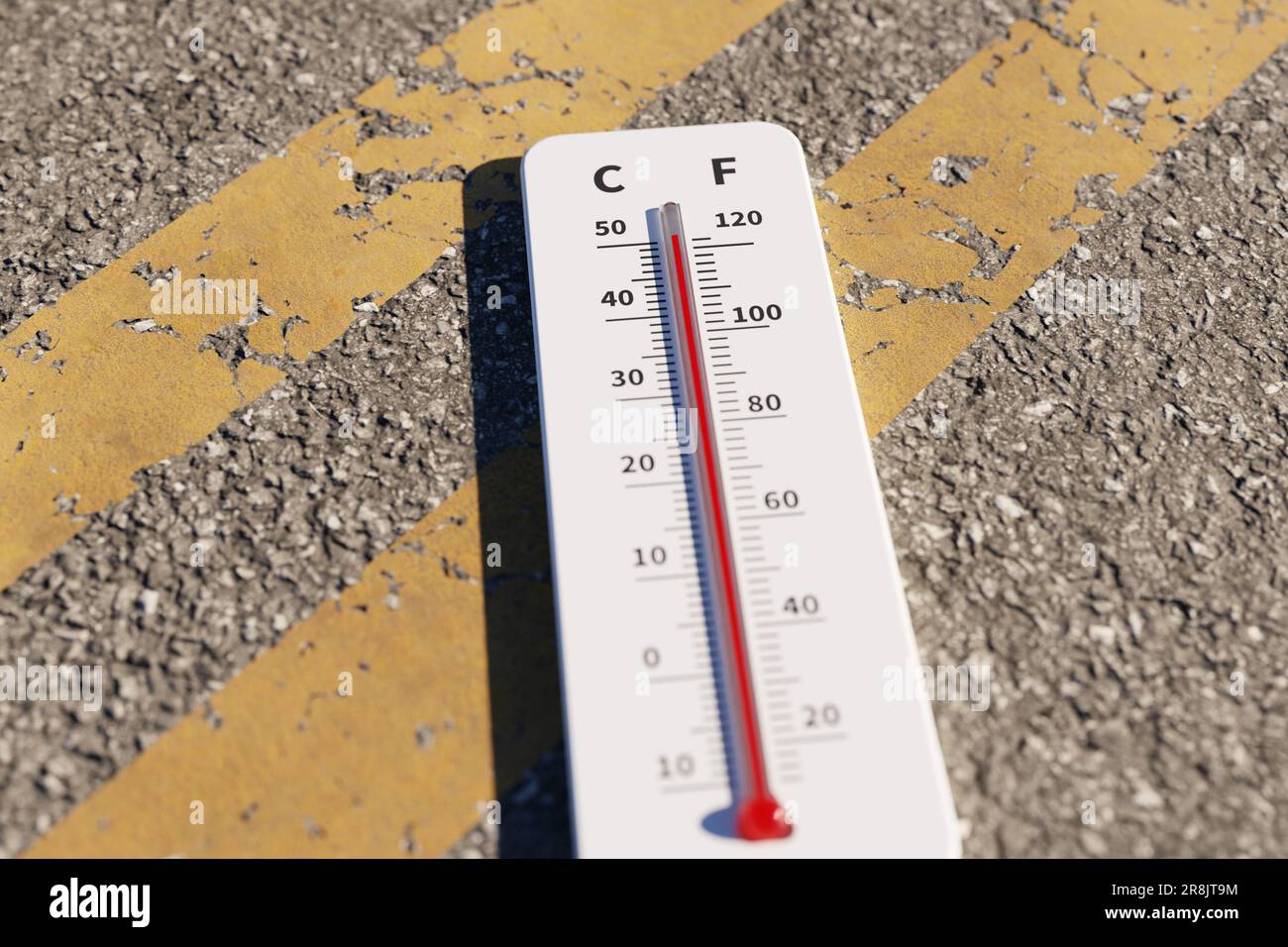 Concept image of a thermometer on asphalt showing high temperature, 3d ...