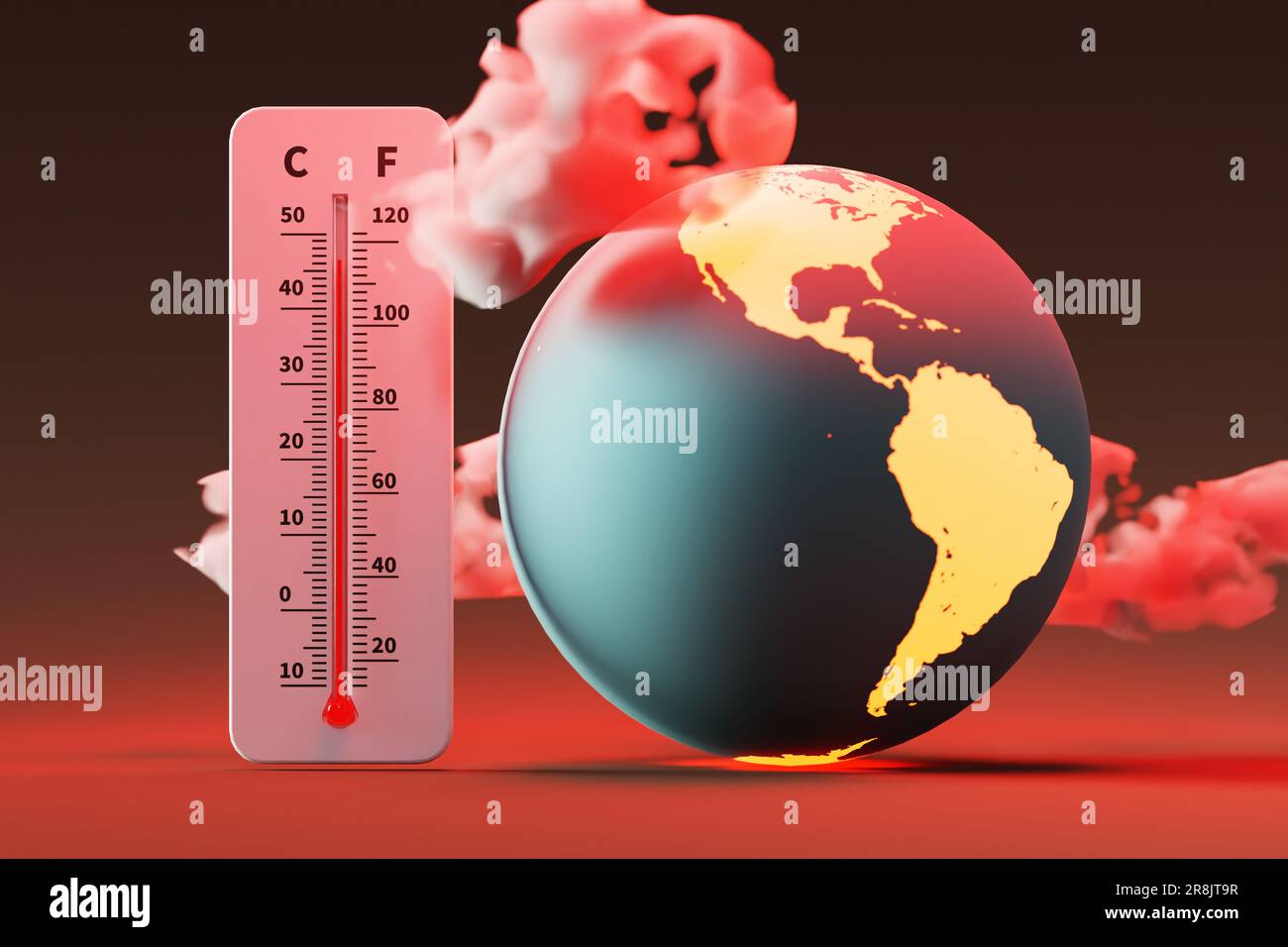 Earth experiencing extreme high temperatures and a thermometer showing