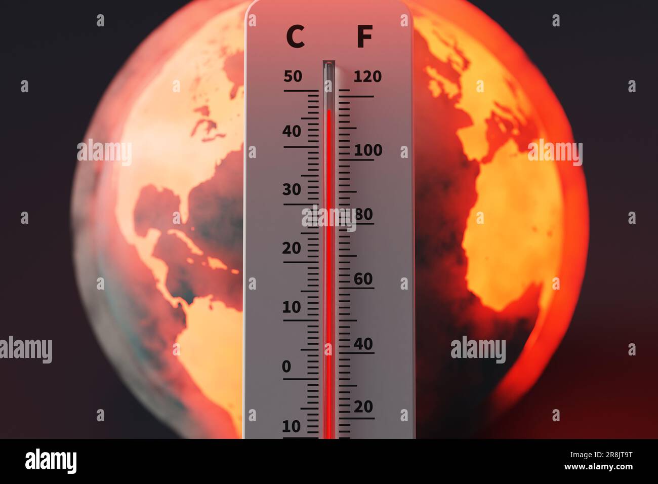 Earth experiencing extreme high temperatures and a thermometer showing high temperatures, 3d