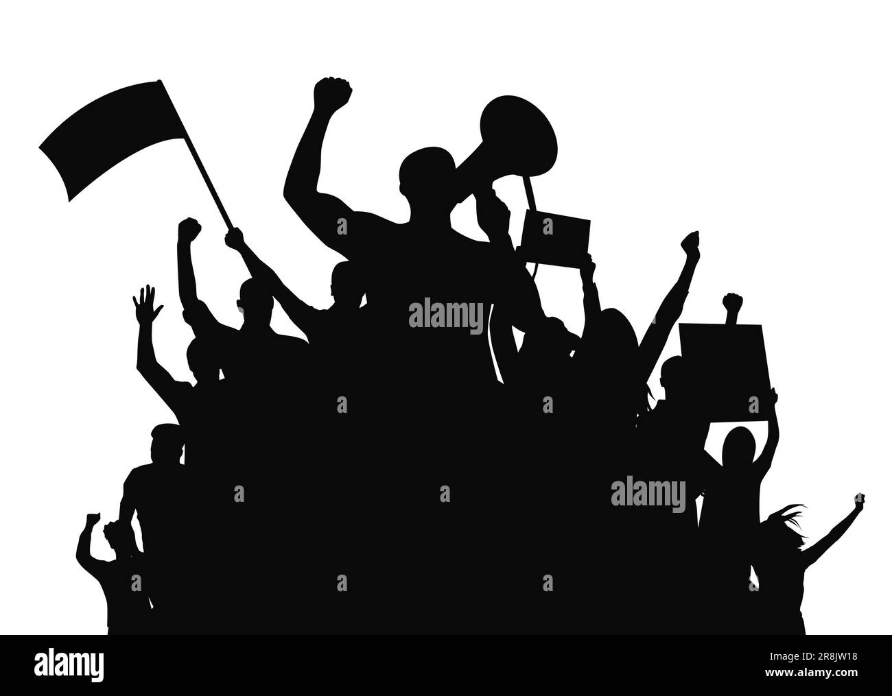 Crowd people flags, banners. Sports, crowds, fans. Demonstrations strikes, revolutions silhouette Stock Vector