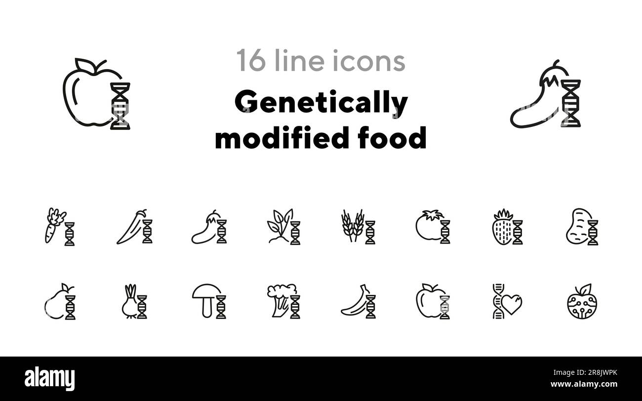 Genetically modified food line icon set. Gene, vegetable Stock Vector ...