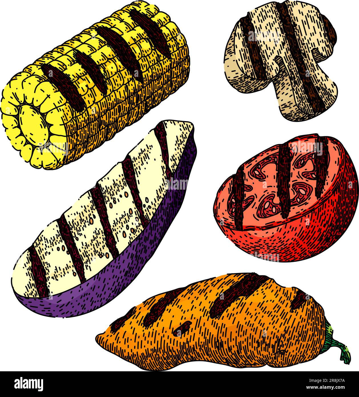 grilled vegetables set sketch hand drawn vector Stock Vector Image