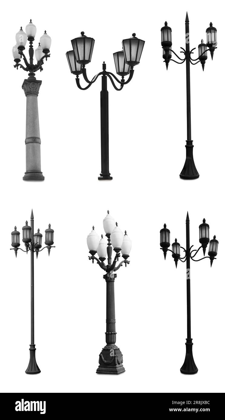 Beautiful street lamps in retro style on white background, collage Stock Photo