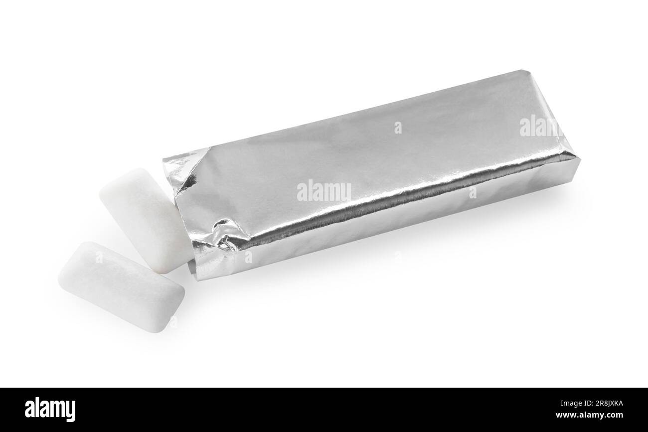 Tasty chewing gums in silver foil isolated on white Stock Photo Alamy