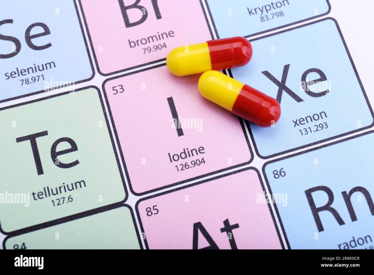 Symbol Iodine and pills on periodic table of elements, top view Stock