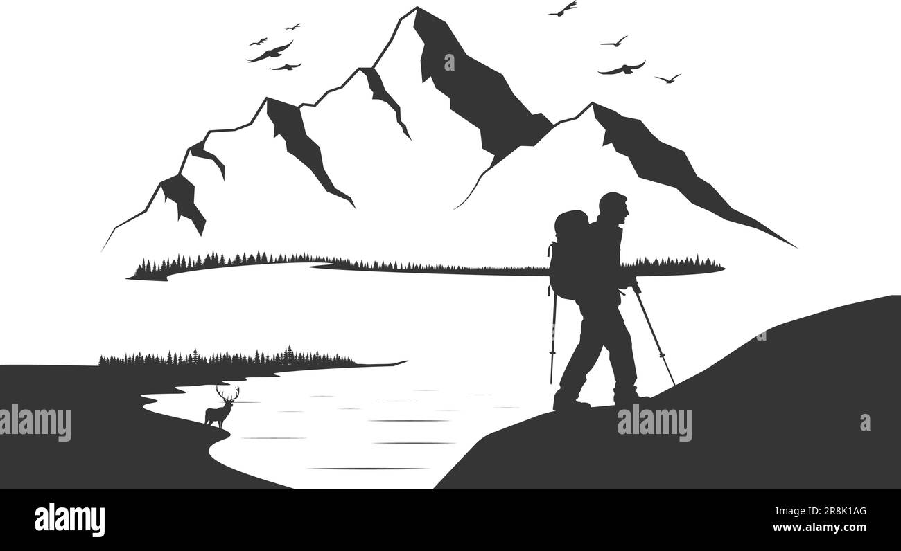 Vector illustration Silhouette of a climber. Isolated hiker on white background Stock Vector
