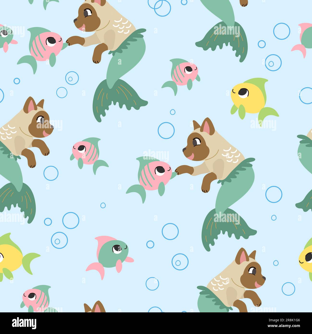 Seamless childish pattern with cute cat mermaid and a fish on blue ...